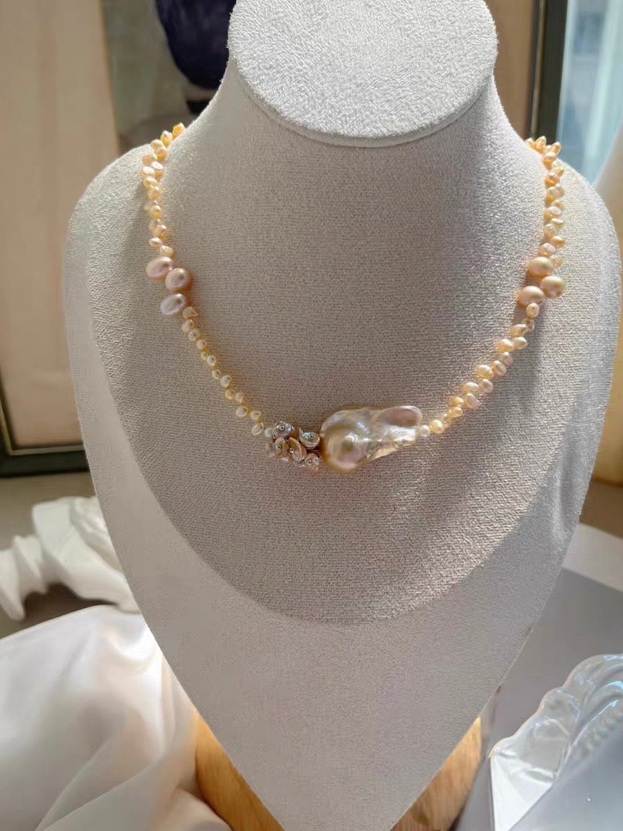 #PN1195 [Floral Series] Freshwater Pearl necklace top-tier fishtail baroque amethyst herkimer citrine rose zircon clasp
