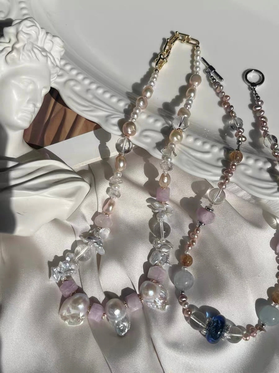 #PN1196 freshwater pearl necklace medium fishtail baroque butterfly silver stone herkimer aquamarine kunzite clear quartz rutile