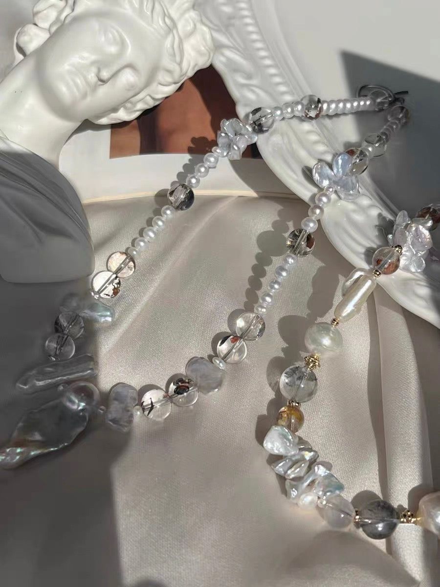 #PN1197 freshwater pearl necklace irregular baroque fishtail silver blue lustre herkimer agate coin pearl