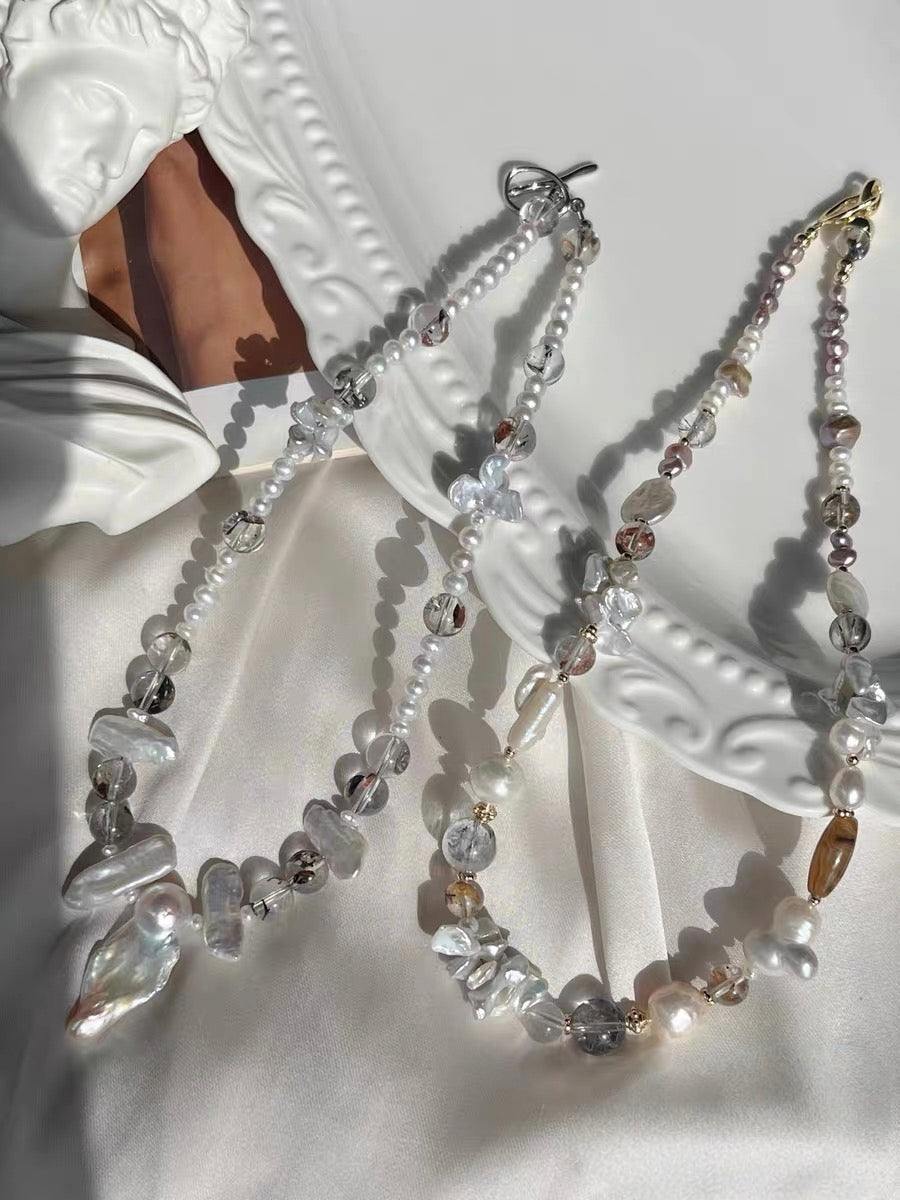 #PN1197 freshwater pearl necklace irregular baroque fishtail silver blue lustre herkimer agate coin pearl