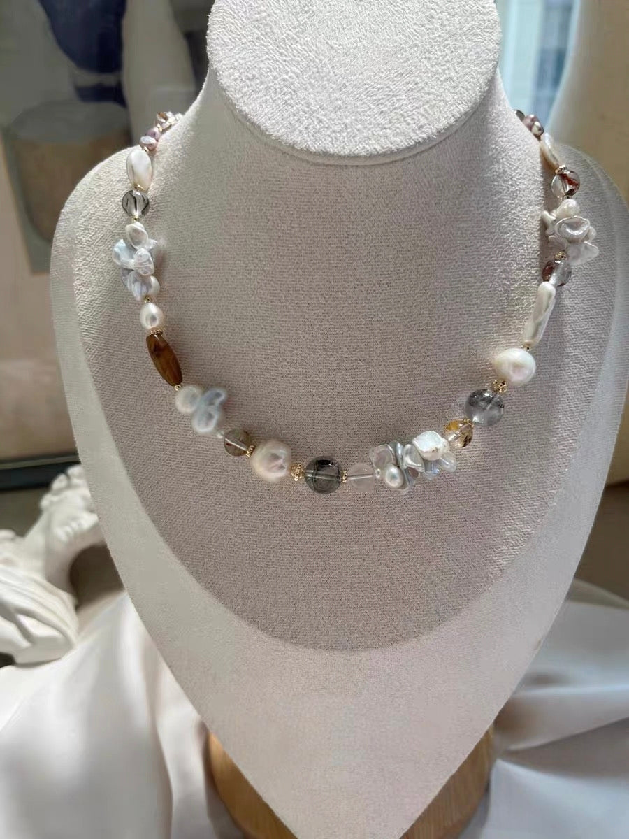 #PN1197 freshwater pearl necklace irregular baroque fishtail silver blue lustre herkimer agate coin pearl