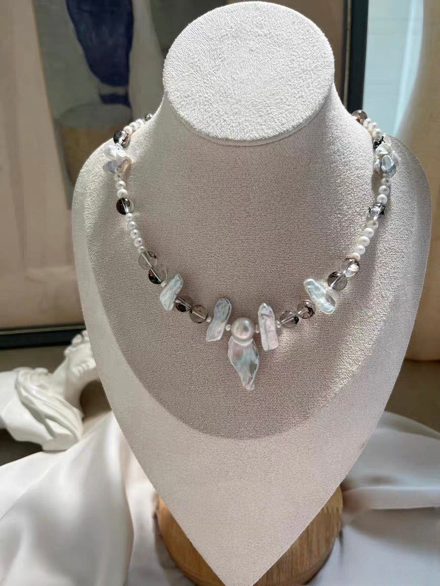 #PN1197 freshwater pearl necklace irregular baroque fishtail silver blue lustre herkimer agate coin pearl