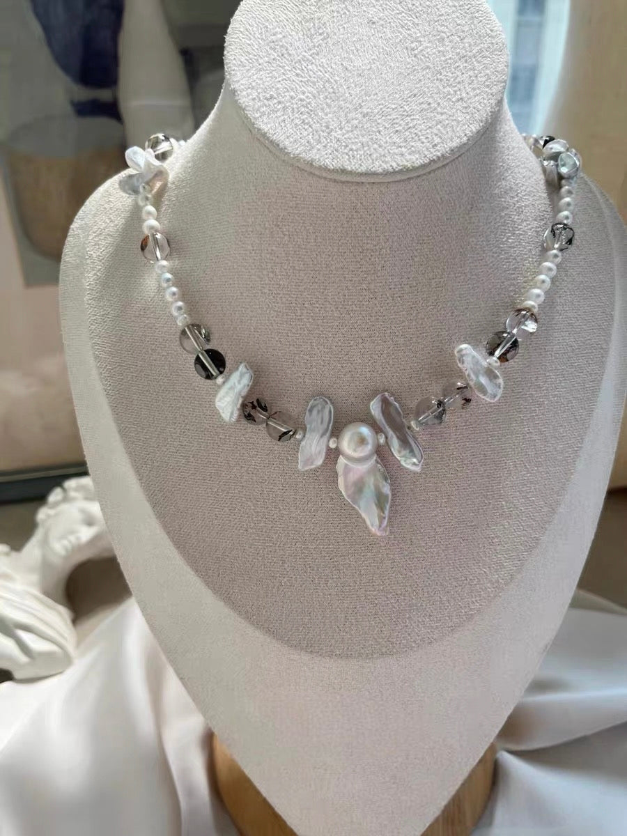 #PN1197 freshwater pearl necklace irregular baroque fishtail silver blue lustre herkimer agate coin pearl