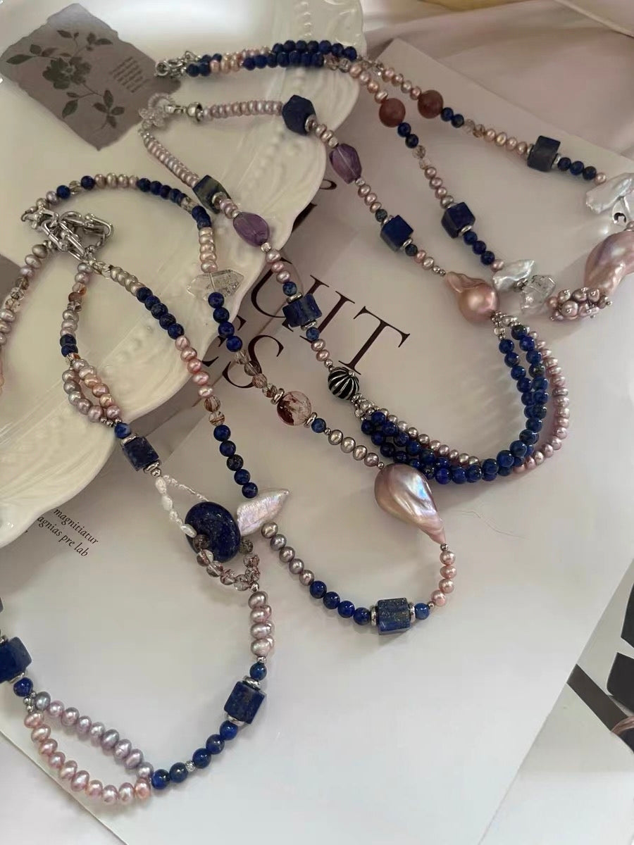 #PN1296 [Floral Series] blue city | Freshwater pearl necklace lapis lazuli multi-layer design peace buckle phantom quartz towers mermaid baroque baby freshwater pearl rabbit hair