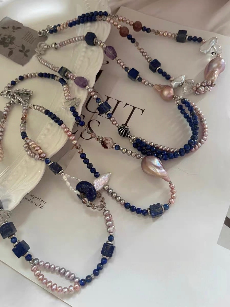 #PN1296 [Floral Series] blue city | Freshwater pearl necklace lapis lazuli multi-layer design peace buckle phantom quartz towers mermaid baroque baby freshwater pearl rabbit hair