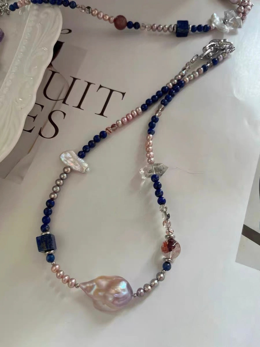 #PN1296 [Floral Series] blue city | Freshwater pearl necklace lapis lazuli multi-layer design peace buckle phantom quartz towers mermaid baroque baby freshwater pearl rabbit hair