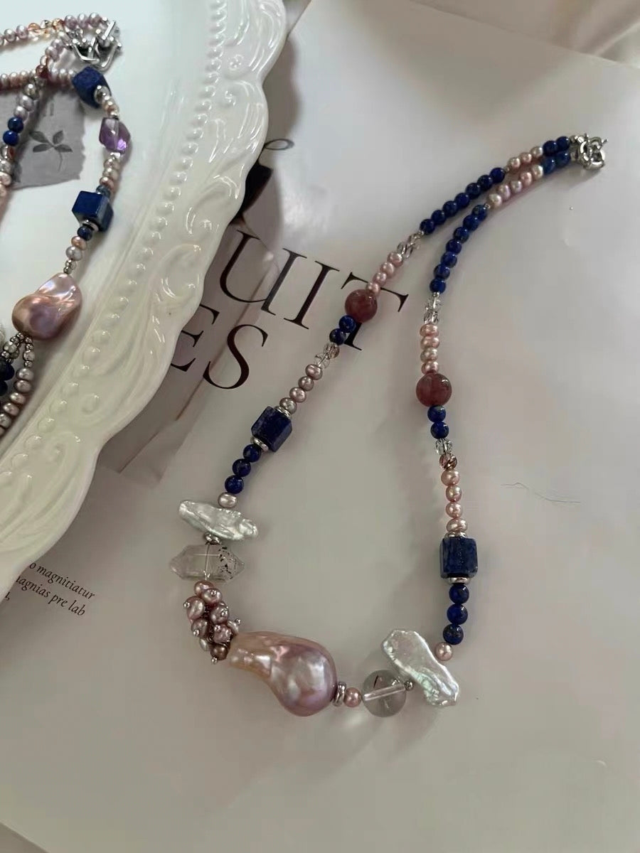 #PN1296 [Floral Series] blue city | Freshwater pearl necklace lapis lazuli multi-layer design peace buckle phantom quartz towers mermaid baroque baby freshwater pearl rabbit hair