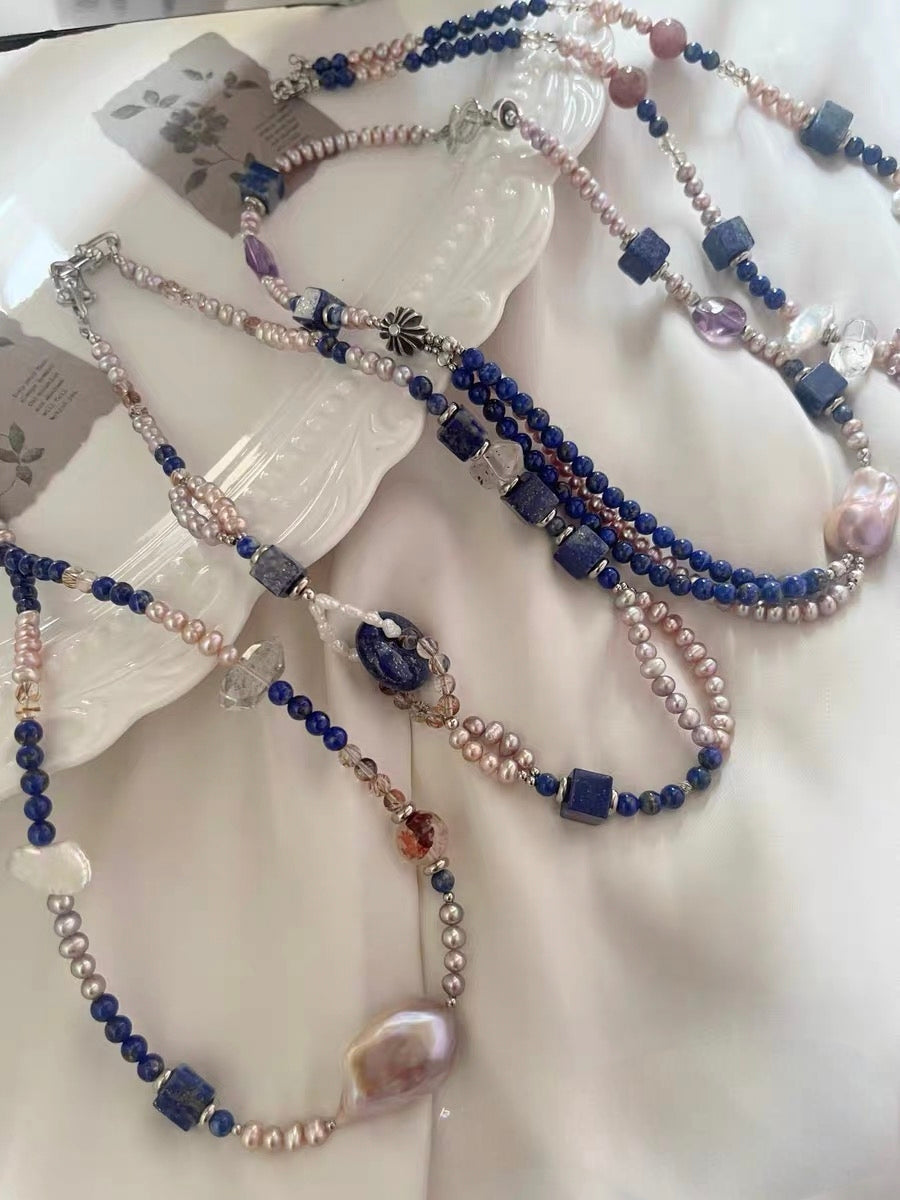 #PN1296 [Floral Series] blue city | Freshwater pearl necklace lapis lazuli multi-layer design peace buckle phantom quartz towers mermaid baroque baby freshwater pearl rabbit hair