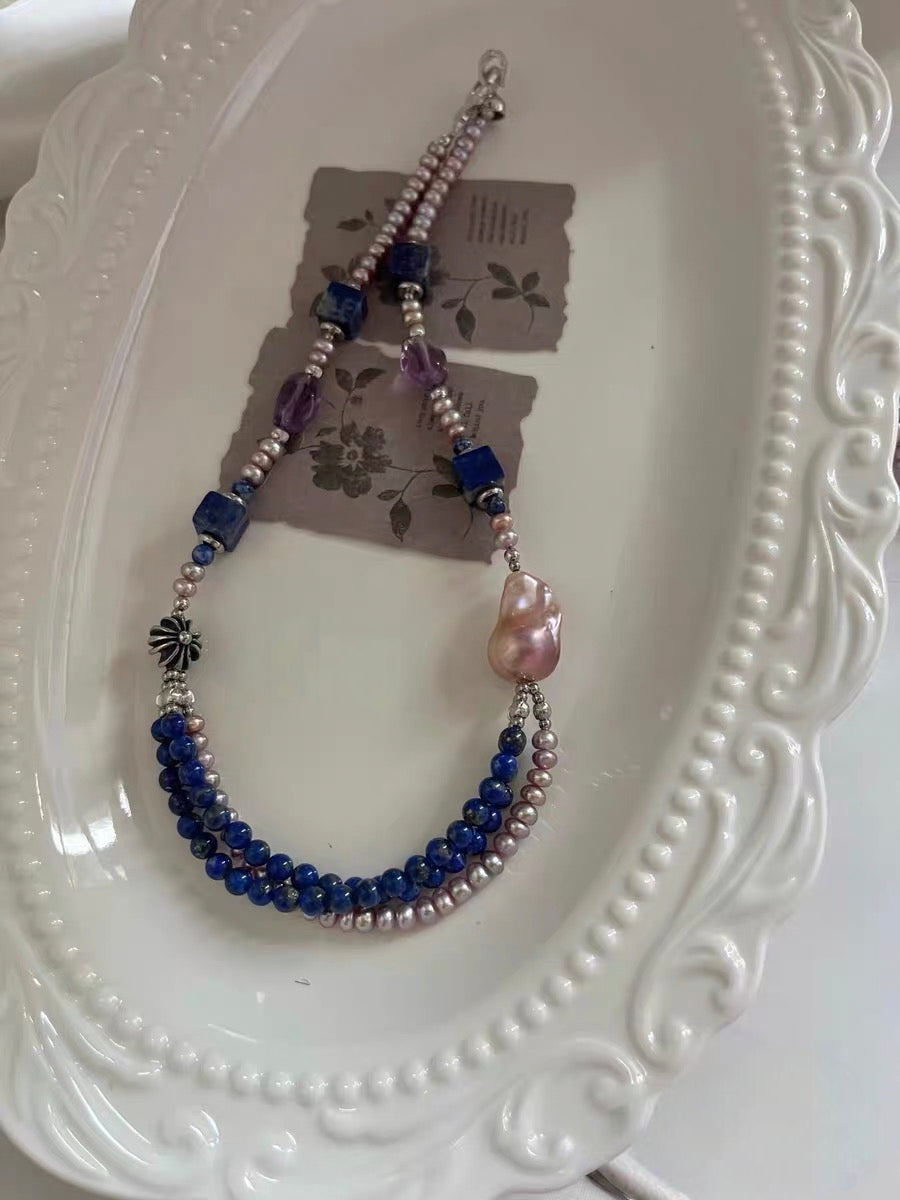 #PN1296 [Floral Series] blue city | Freshwater pearl necklace lapis lazuli multi-layer design peace buckle phantom quartz towers mermaid baroque baby freshwater pearl rabbit hair