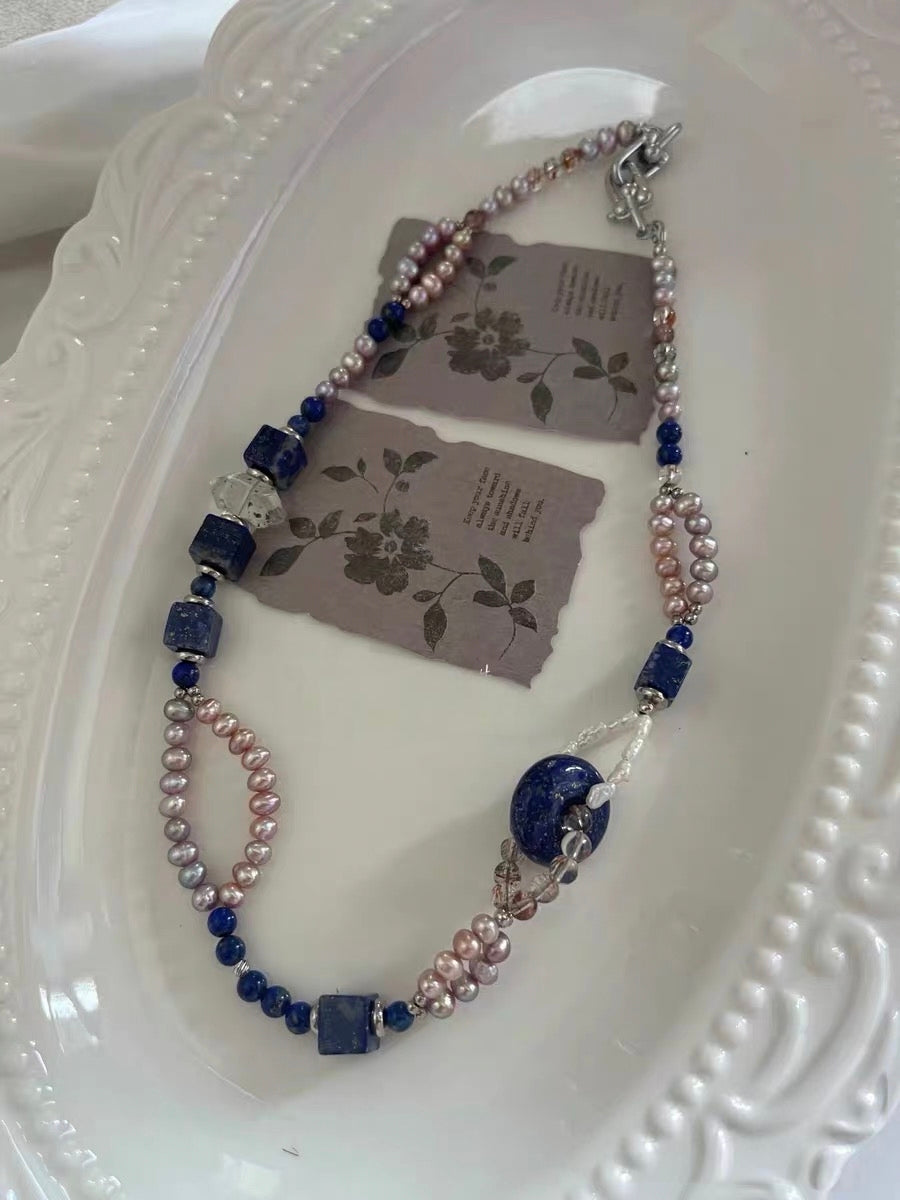 #PN1296 [Floral Series] blue city | Freshwater pearl necklace lapis lazuli multi-layer design peace buckle phantom quartz towers mermaid baroque baby freshwater pearl rabbit hair