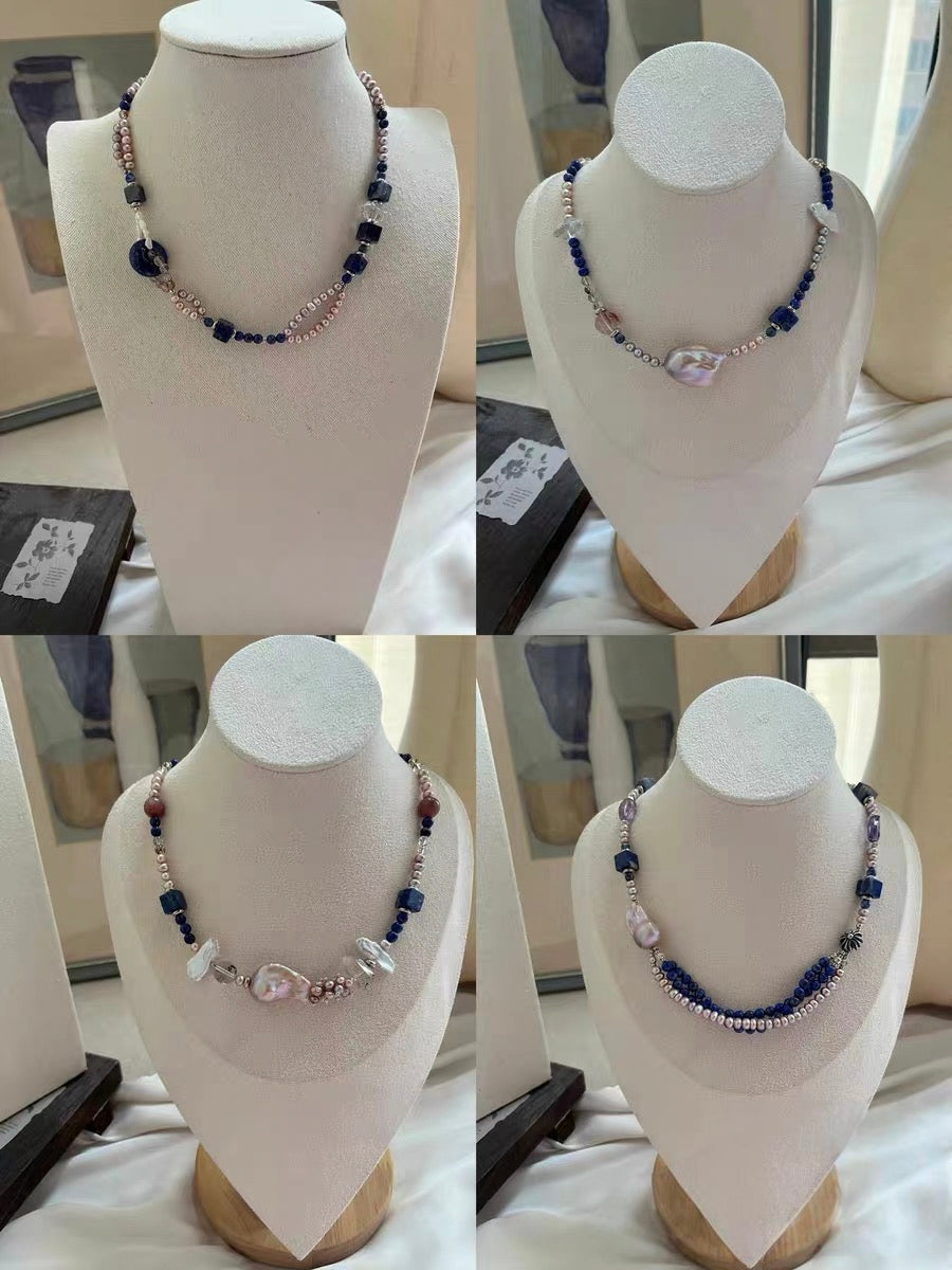 #PN1296 [Floral Series] blue city | Freshwater pearl necklace lapis lazuli multi-layer design peace buckle phantom quartz towers mermaid baroque baby freshwater pearl rabbit hair