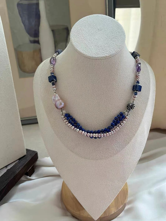 #PN1296 [Floral Series] blue city | Freshwater pearl necklace lapis lazuli multi-layer design peace buckle phantom quartz towers mermaid baroque baby freshwater pearl rabbit hair