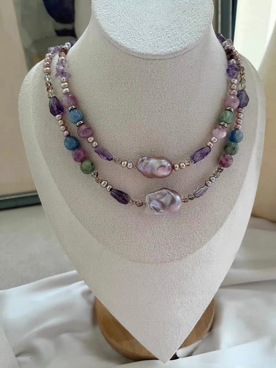 #PN1295 purple star | Freshwater pearl necklace 45cm metallic purple baby freshwater pearls mermaid baroque green & purple lepidolite kyanite high quality amethyst