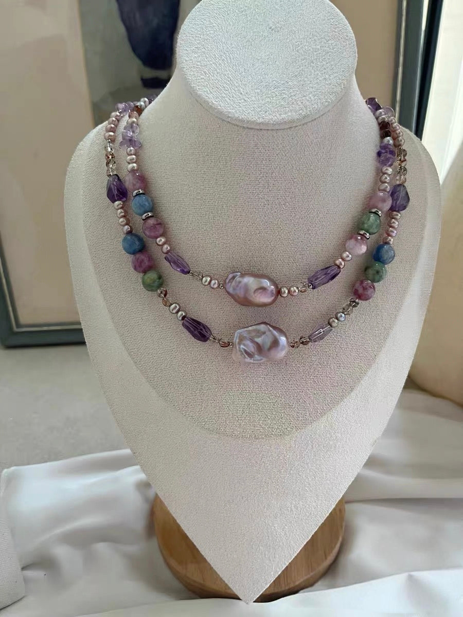 #PN1295 purple star | Freshwater pearl necklace 45cm metallic purple baby freshwater pearls mermaid baroque green & purple lepidolite kyanite high quality amethyst