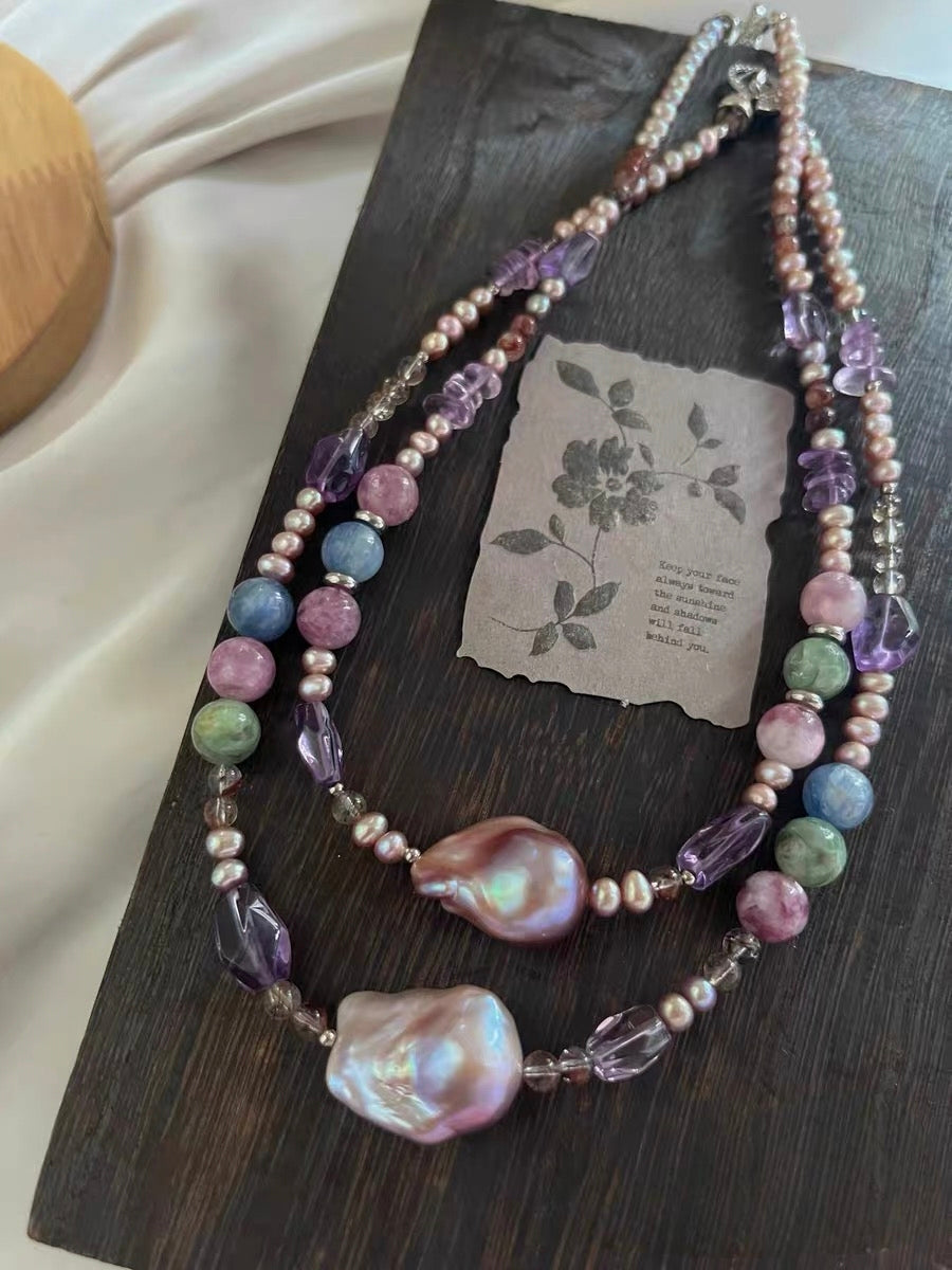 #PN1295 purple star | Freshwater pearl necklace 45cm metallic purple baby freshwater pearls mermaid baroque green & purple lepidolite kyanite high quality amethyst