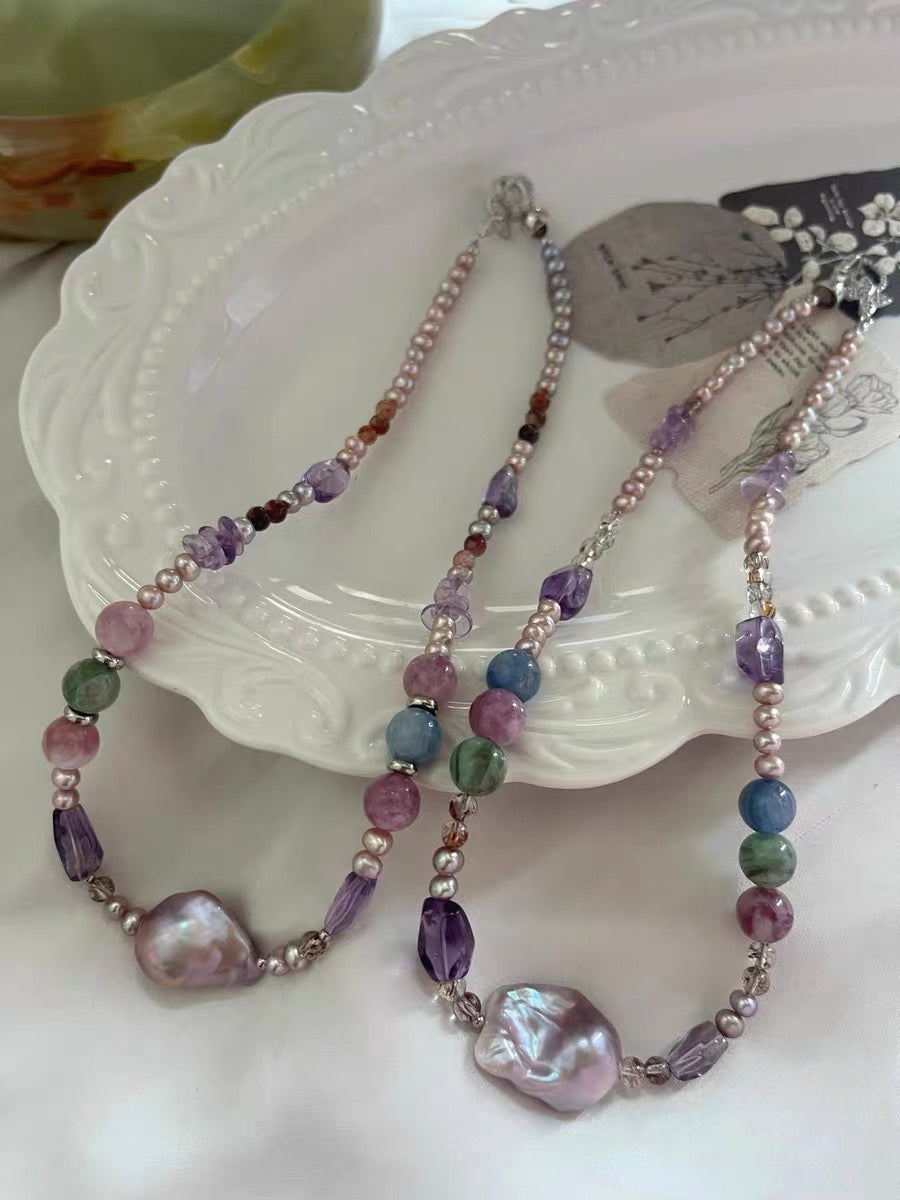 #PN1295 purple star | Freshwater pearl necklace 45cm metallic purple baby freshwater pearls mermaid baroque green & purple lepidolite kyanite high quality amethyst