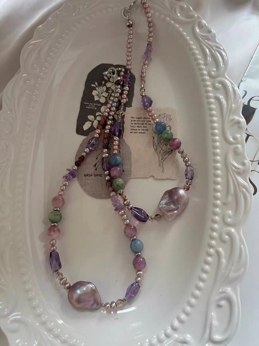 #PN1295 purple star | Freshwater pearl necklace 45cm metallic purple baby freshwater pearls mermaid baroque green & purple lepidolite kyanite high quality amethyst