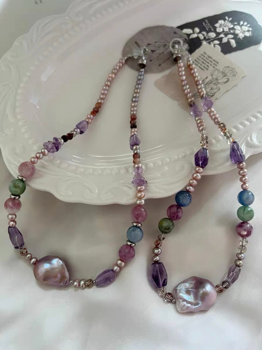 #PN1295 purple star | Freshwater pearl necklace 45cm metallic purple baby freshwater pearls mermaid baroque green & purple lepidolite kyanite high quality amethyst