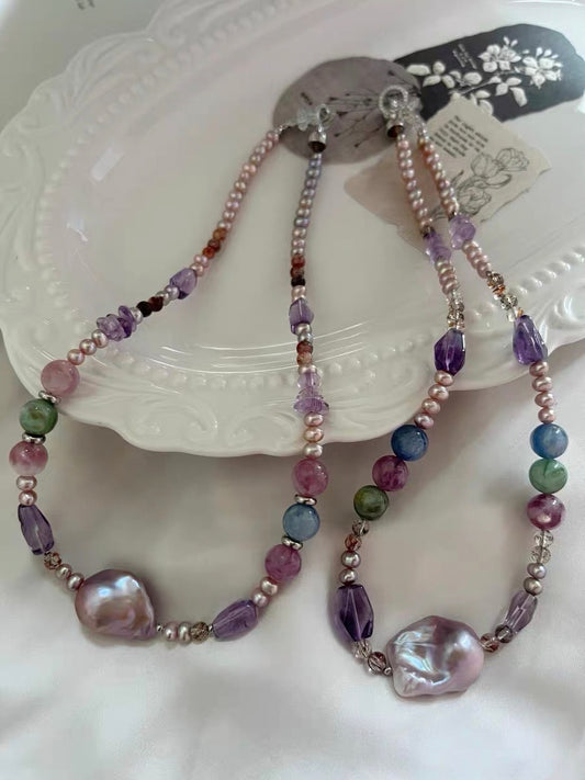 #PN1295 purple star | Freshwater pearl necklace 45cm metallic purple baby freshwater pearls mermaid baroque green & purple lepidolite kyanite high quality amethyst