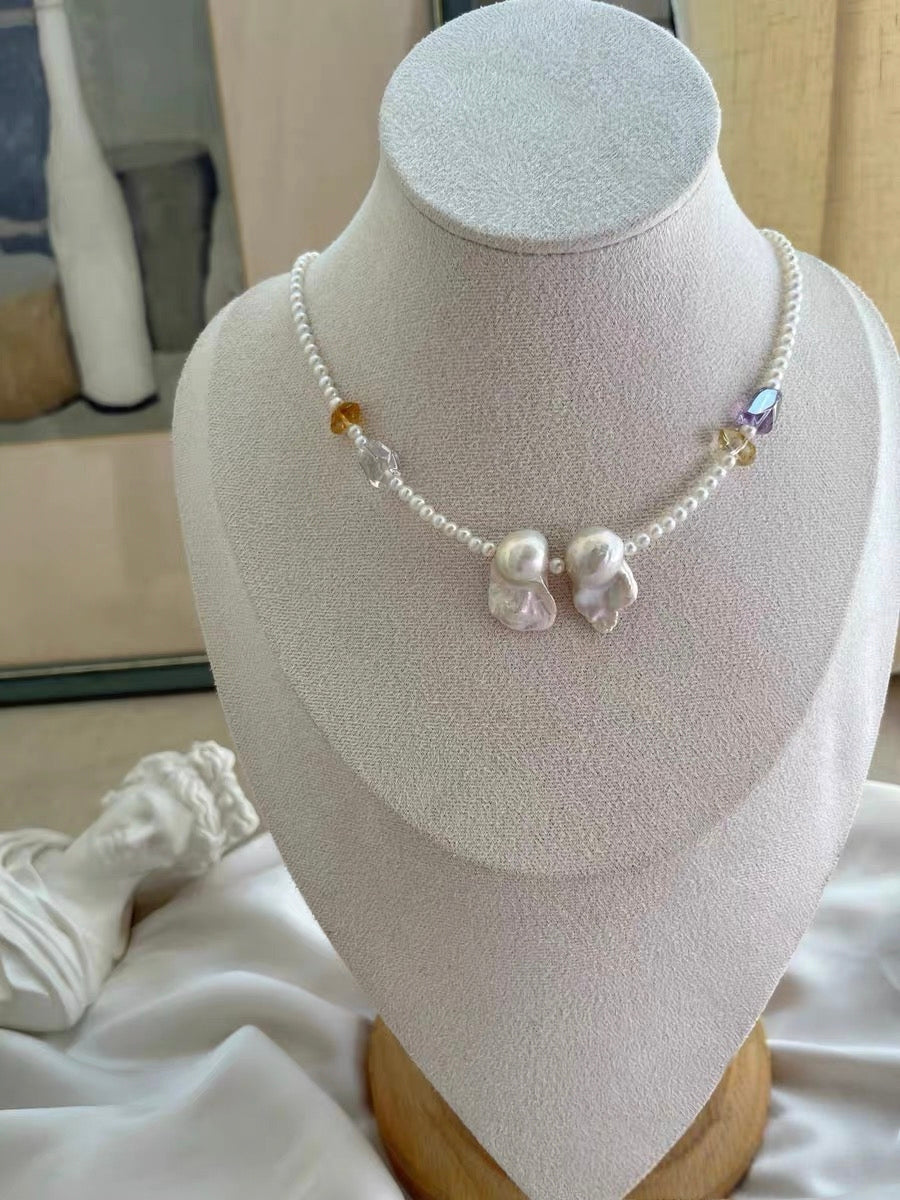 #PN1284 Freshwater pearl necklace aurora light fishtail baroque mermaid baroque 3.5mm baby FW pearls amethyst citrine hematoid black gold super 7
