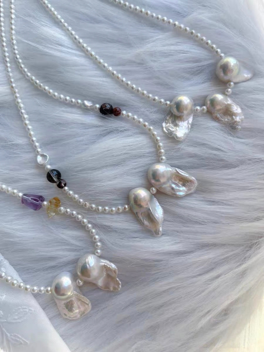 #PN1284 Freshwater pearl necklace aurora light fishtail baroque mermaid baroque 3.5mm baby FW pearls amethyst citrine hematoid black gold super 7