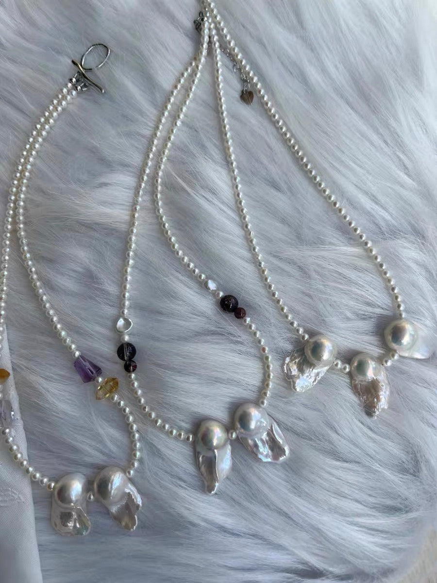 #PN1284 Freshwater pearl necklace aurora light fishtail baroque mermaid baroque 3.5mm baby FW pearls amethyst citrine hematoid black gold super 7