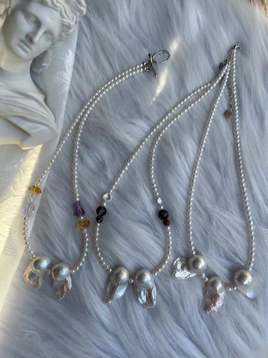 #PN1284 Freshwater pearl necklace aurora light fishtail baroque mermaid baroque 3.5mm baby FW pearls amethyst citrine hematoid black gold super 7