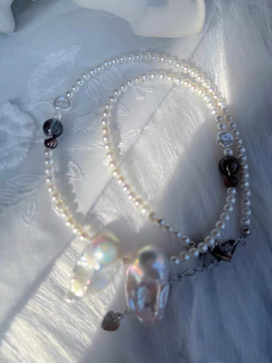 #PN1284 Freshwater pearl necklace aurora light fishtail baroque mermaid baroque 3.5mm baby FW pearls amethyst citrine hematoid black gold super 7