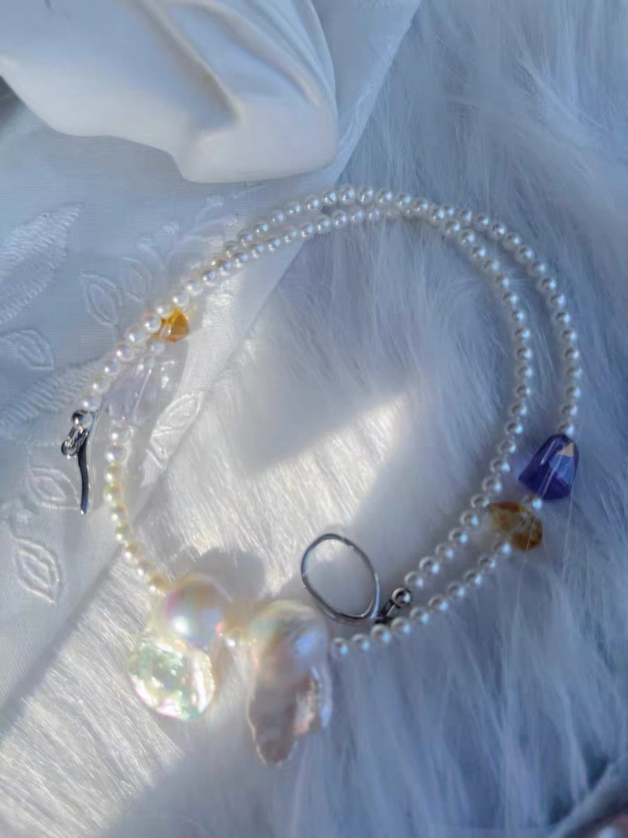 #PN1284 Freshwater pearl necklace aurora light fishtail baroque mermaid baroque 3.5mm baby FW pearls amethyst citrine hematoid black gold super 7