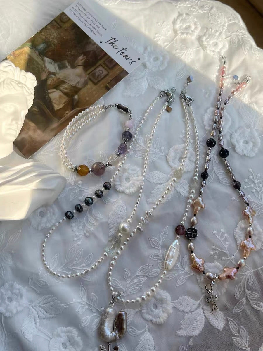 #PN1285 Freshwater pearl necklace golden tulip pearl flower 3mm mini pearls hematoid moonstone Detachable pendant 41+5cm rainbow lustre