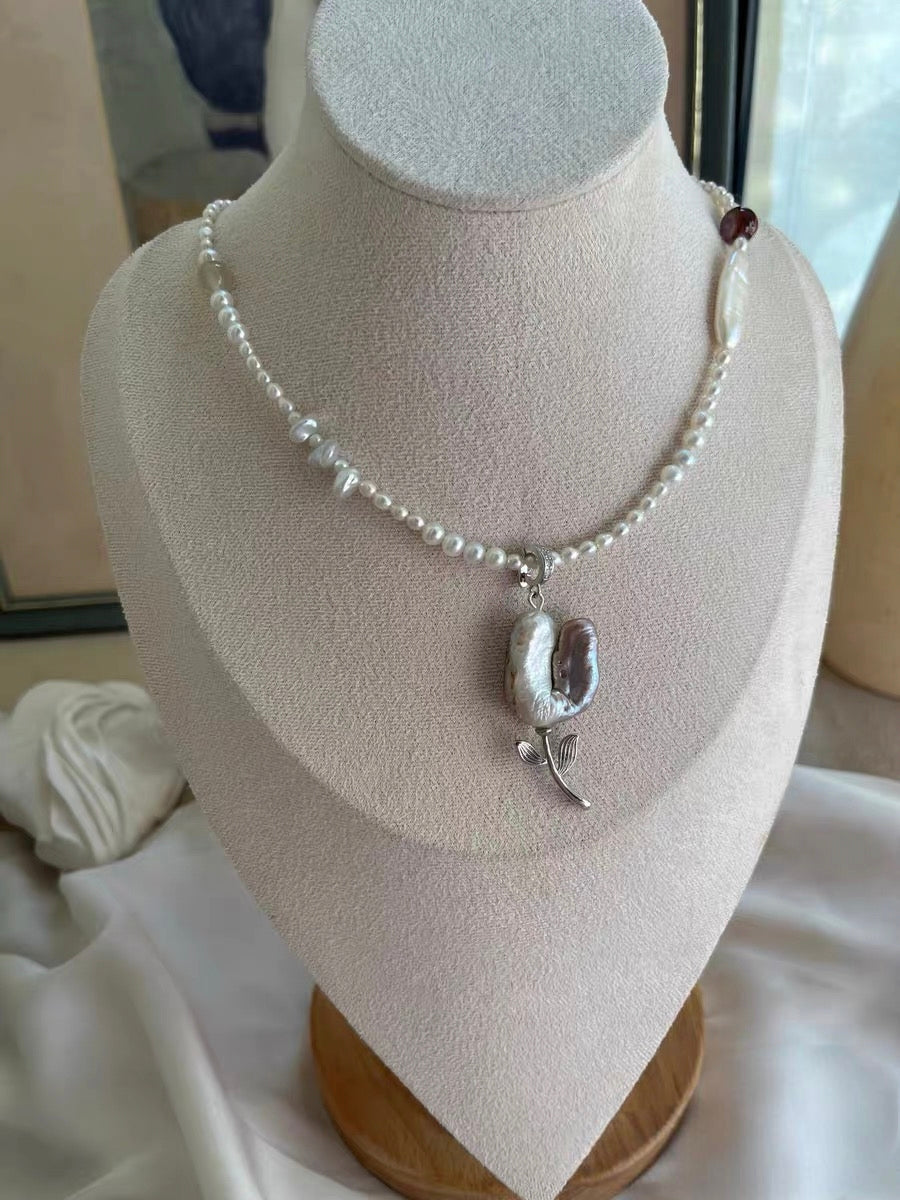 #PN1285 Freshwater pearl necklace golden tulip pearl flower 3mm mini pearls hematoid moonstone Detachable pendant 41+5cm rainbow lustre