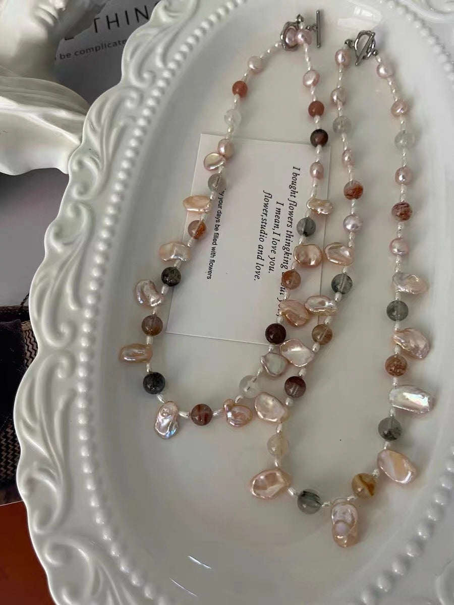 #PN1286 Freshwater pearl necklace colorful icy rabbit hair pretty sheen & "hair" 8-10mm champagne color pearl petals extreme lustre Detachable teardrop petal pendant