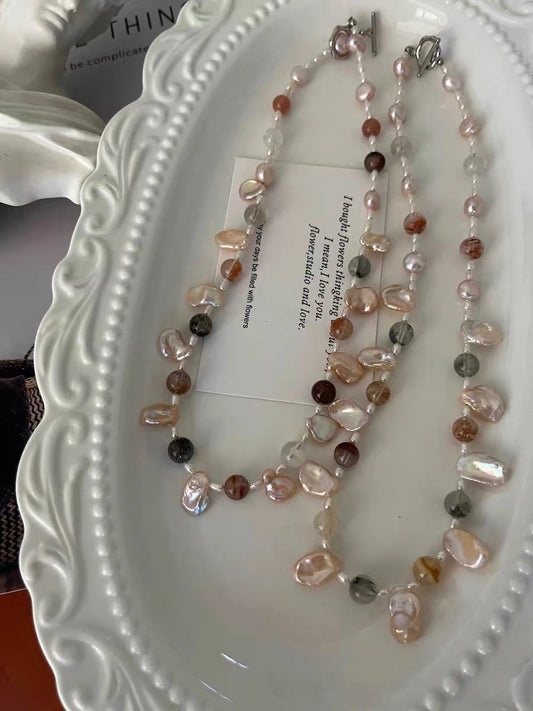 #PN1286 Freshwater pearl necklace colorful icy rabbit hair pretty sheen & "hair" 8-10mm champagne color pearl petals extreme lustre Detachable teardrop petal pendant