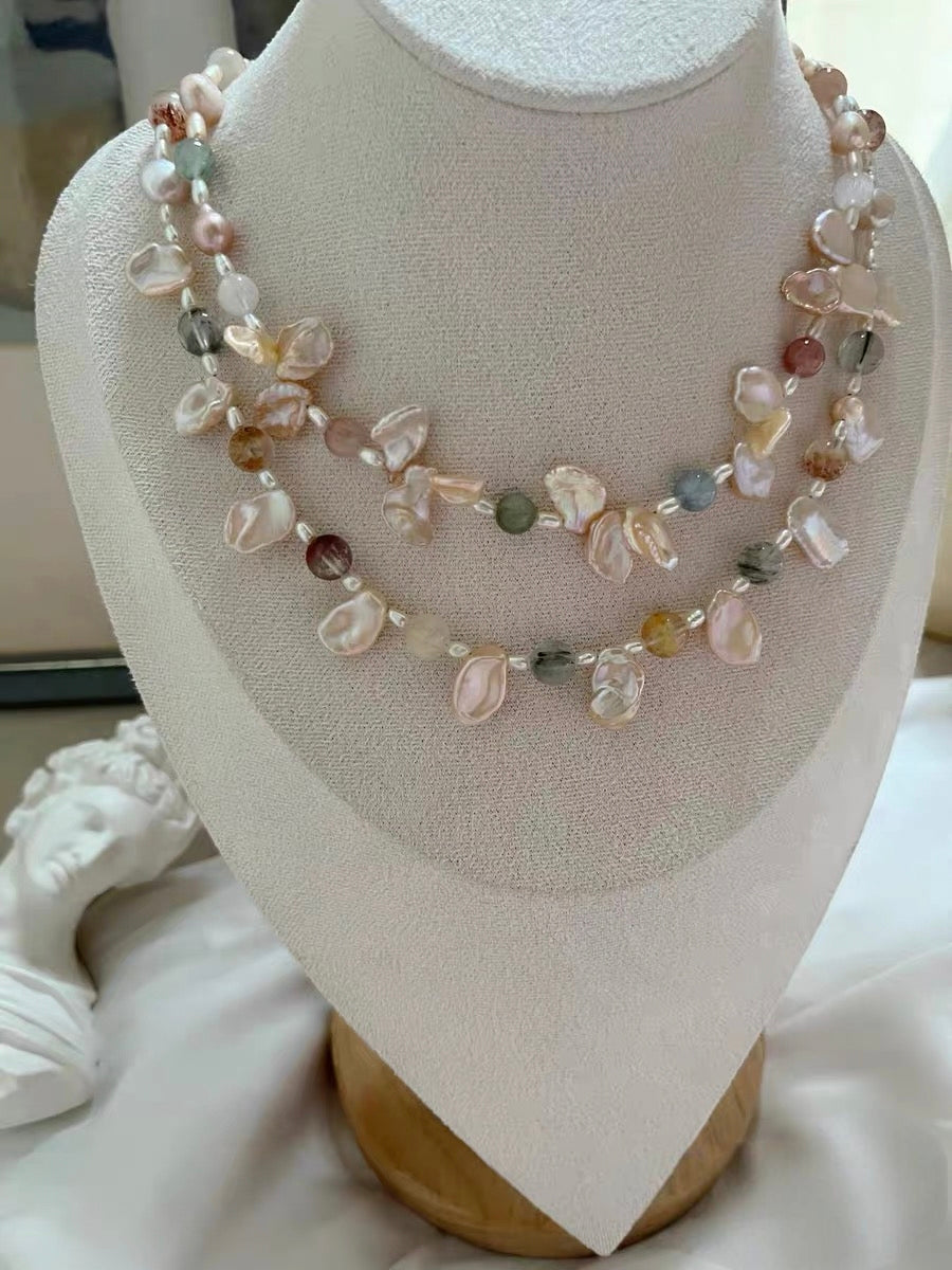 #PN1286 Freshwater pearl necklace colorful icy rabbit hair pretty sheen & "hair" 8-10mm champagne color pearl petals extreme lustre Detachable teardrop petal pendant