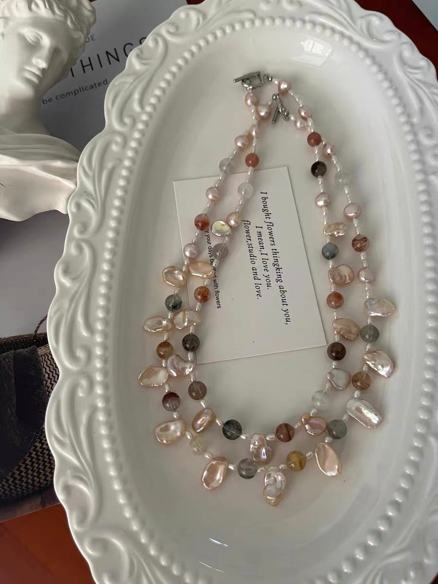 #PN1286 Freshwater pearl necklace colorful icy rabbit hair pretty sheen & "hair" 8-10mm champagne color pearl petals extreme lustre Detachable teardrop petal pendant