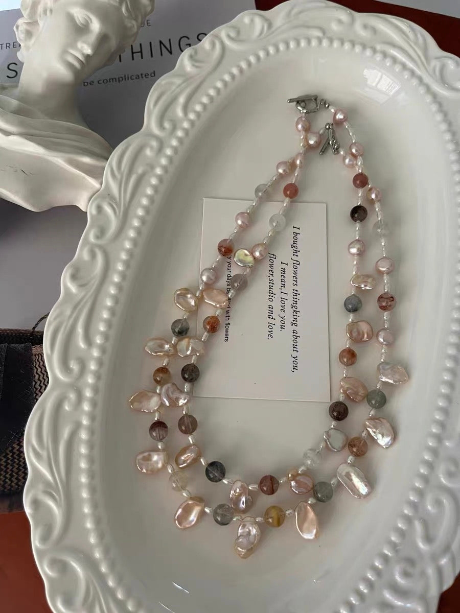 #PN1286 Freshwater pearl necklace colorful icy rabbit hair pretty sheen & "hair" 8-10mm champagne color pearl petals extreme lustre Detachable teardrop petal pendant