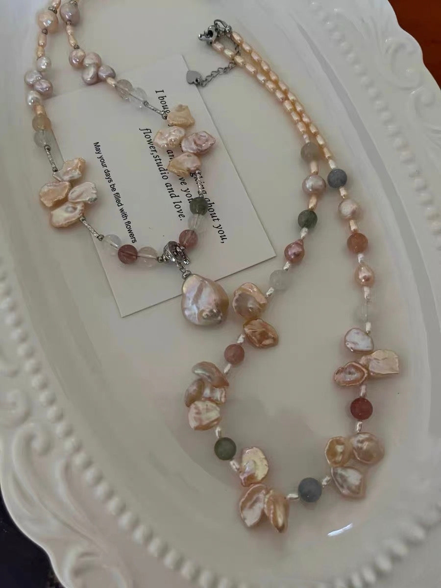 #PN1286 Freshwater pearl necklace colorful icy rabbit hair pretty sheen & "hair" 8-10mm champagne color pearl petals extreme lustre Detachable teardrop petal pendant