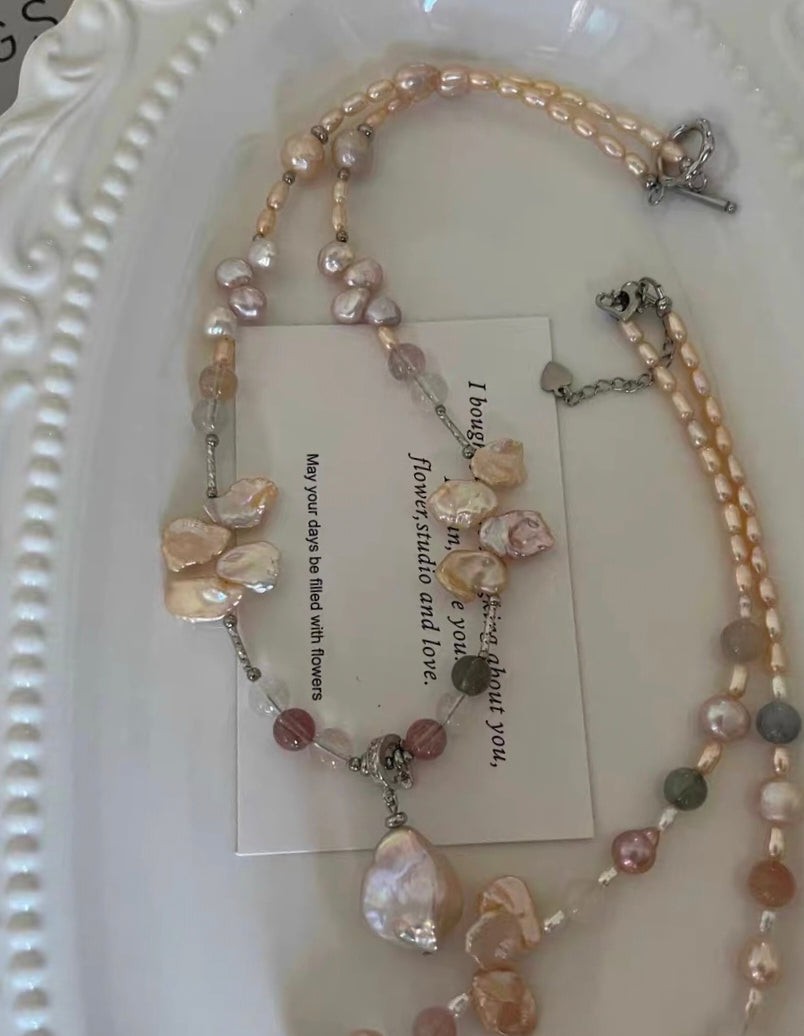#PN1286 Freshwater pearl necklace colorful icy rabbit hair pretty sheen & "hair" 8-10mm champagne color pearl petals extreme lustre Detachable teardrop petal pendant