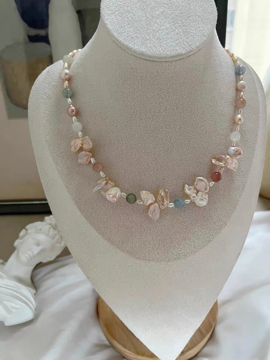 #PN1286 Freshwater pearl necklace colorful icy rabbit hair pretty sheen & "hair" 8-10mm champagne color pearl petals extreme lustre Detachable teardrop petal pendant