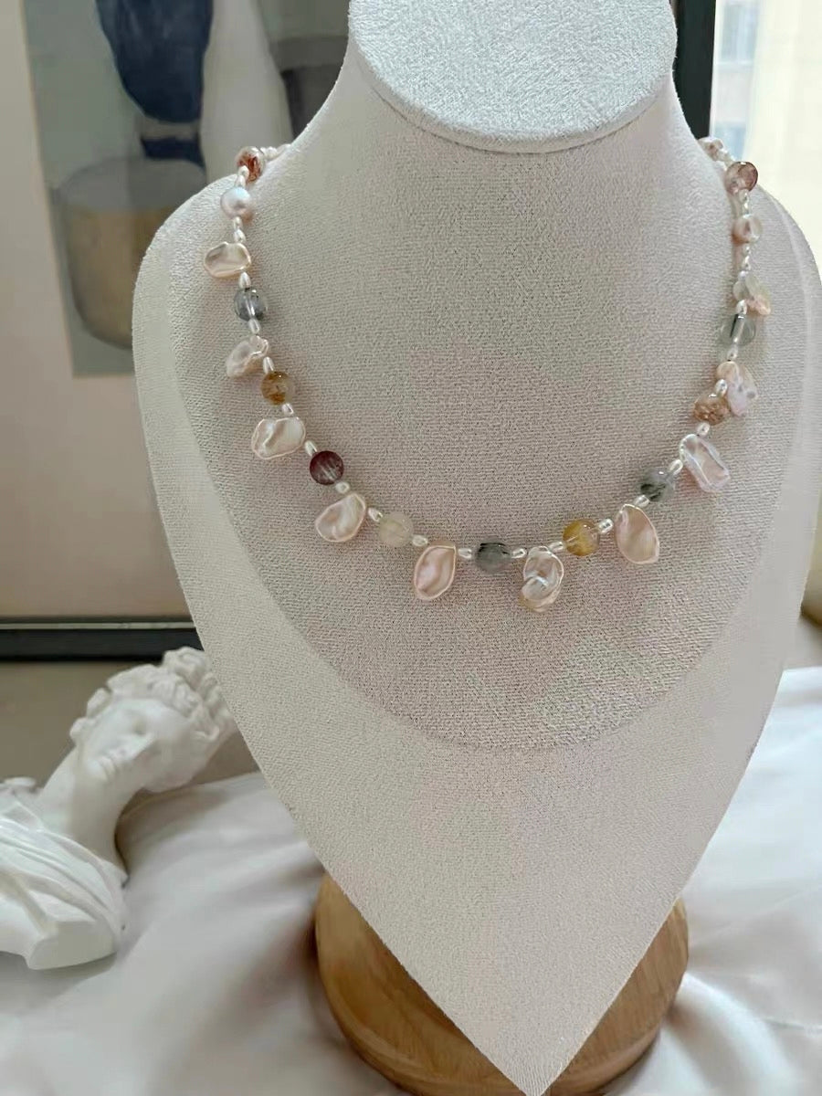 #PN1286 Freshwater pearl necklace colorful icy rabbit hair pretty sheen & "hair" 8-10mm champagne color pearl petals extreme lustre Detachable teardrop petal pendant