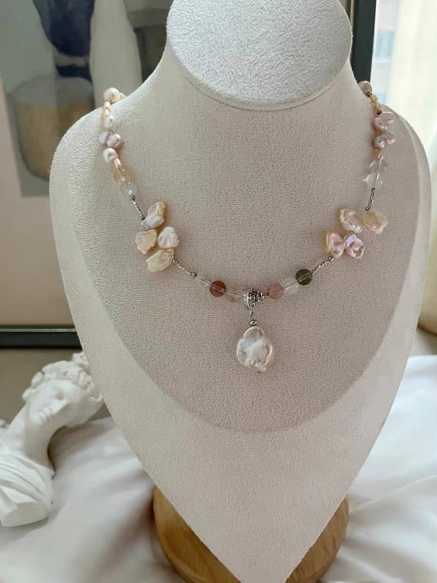 #PN1286 Freshwater pearl necklace colorful icy rabbit hair pretty sheen & "hair" 8-10mm champagne color pearl petals extreme lustre Detachable teardrop petal pendant