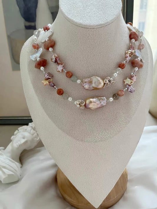 #PN1287 [Floral Series] Sunset Stars | Freshwater pearl necklace big mermaid baroque golden sunstone towers lute baroque pearls purple golden baroque stars 44cm