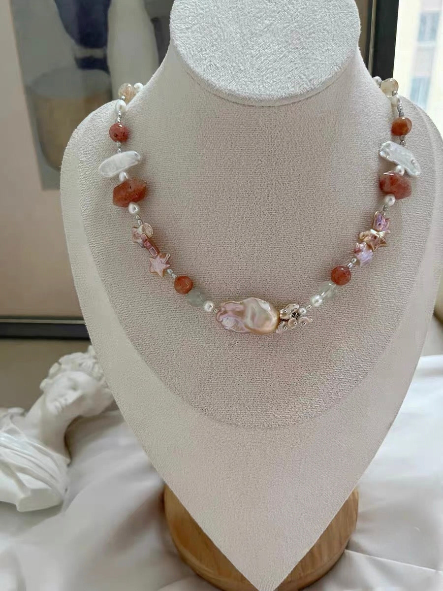#PN1287 [Floral Series] Sunset Stars | Freshwater pearl necklace big mermaid baroque golden sunstone towers lute baroque pearls purple golden baroque stars 44cm