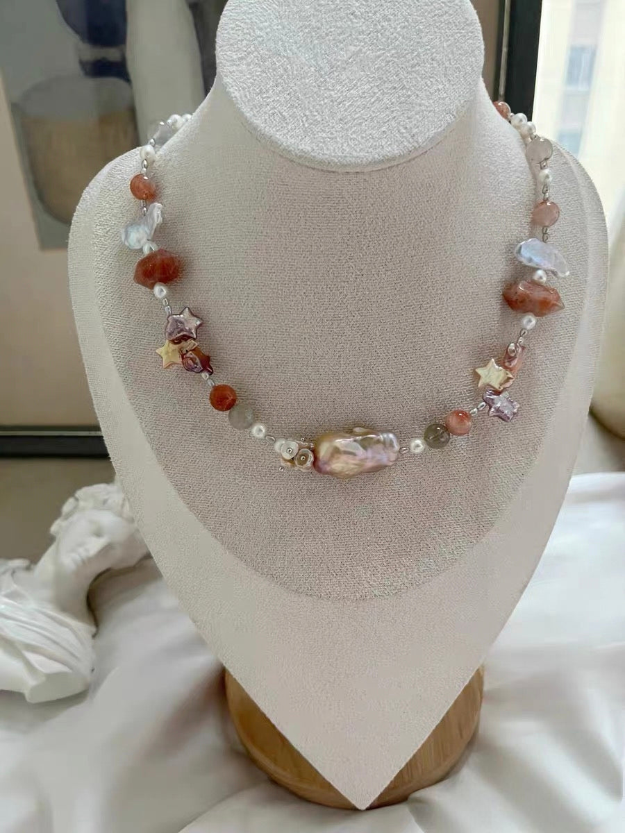#PN1287 [Floral Series] Sunset Stars | Freshwater pearl necklace big mermaid baroque golden sunstone towers lute baroque pearls purple golden baroque stars 44cm