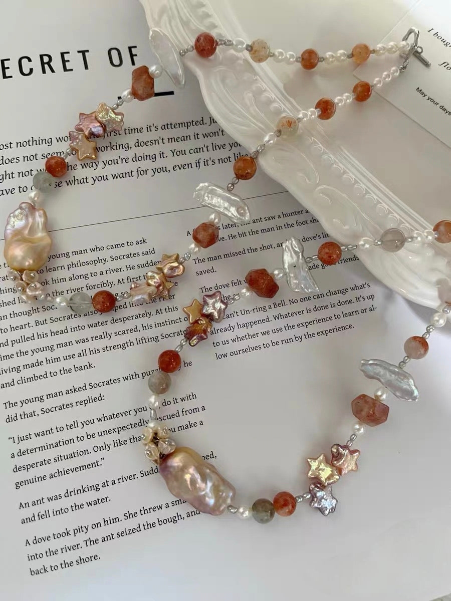 #PN1287 [Floral Series] Sunset Stars | Freshwater pearl necklace big mermaid baroque golden sunstone towers lute baroque pearls purple golden baroque stars 44cm