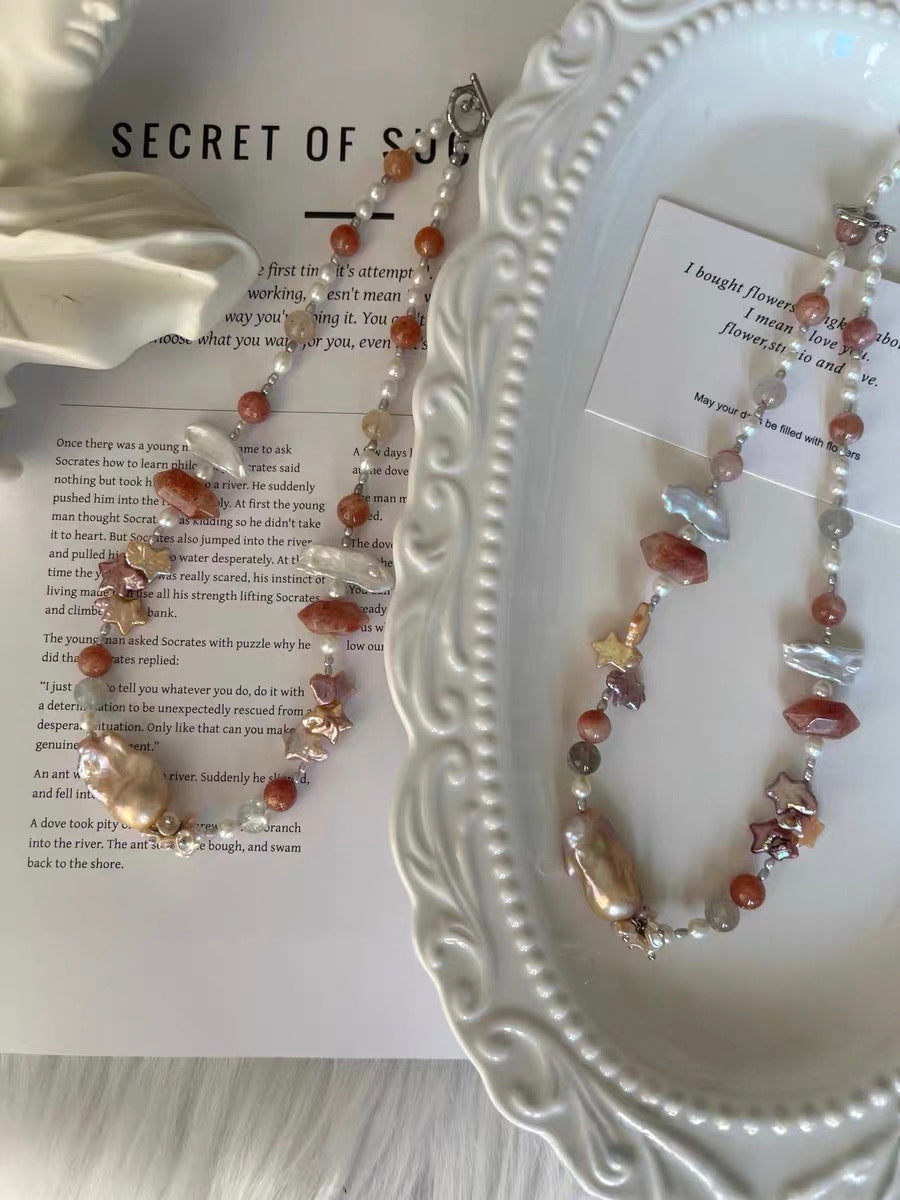 #PN1287 [Floral Series] Sunset Stars | Freshwater pearl necklace big mermaid baroque golden sunstone towers lute baroque pearls purple golden baroque stars 44cm