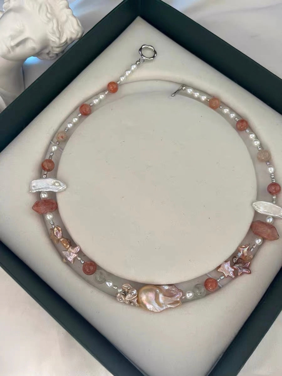 #PN1287 [Floral Series] Sunset Stars | Freshwater pearl necklace big mermaid baroque golden sunstone towers lute baroque pearls purple golden baroque stars 44cm