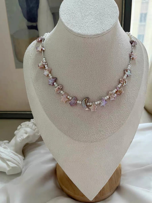 #PN1289 dancing under starlight | Freshwater pearl necklace 40cm-43cm moon & star rainbow-like lustrous golden purple color rare baby freshwater pearl