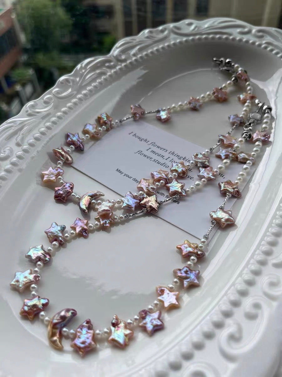 #PN1289 dancing under starlight | Freshwater pearl necklace 40cm-43cm moon & star rainbow-like lustrous golden purple color rare baby freshwater pearl