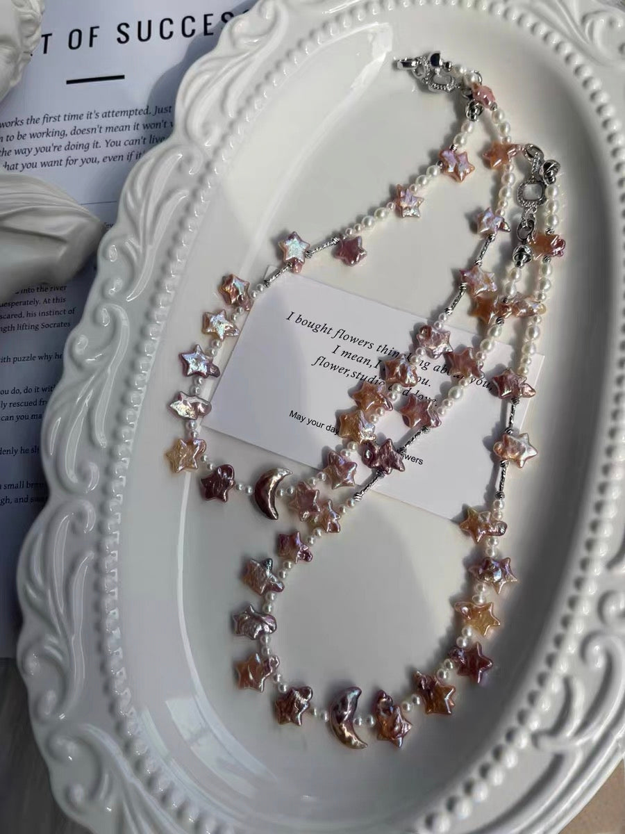 #PN1289 dancing under starlight | Freshwater pearl necklace 40cm-43cm moon & star rainbow-like lustrous golden purple color rare baby freshwater pearl